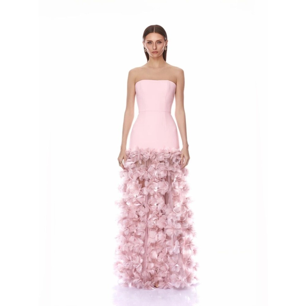 NEW BRONX BANCO Harper Strapless Blush Gown, Pink Floral-Appliqué Max Dress